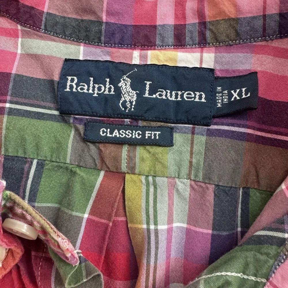 Ralph Lauren Mens XL Red Green Plaid Short Sleeve Shirt Classic Madras Preppy